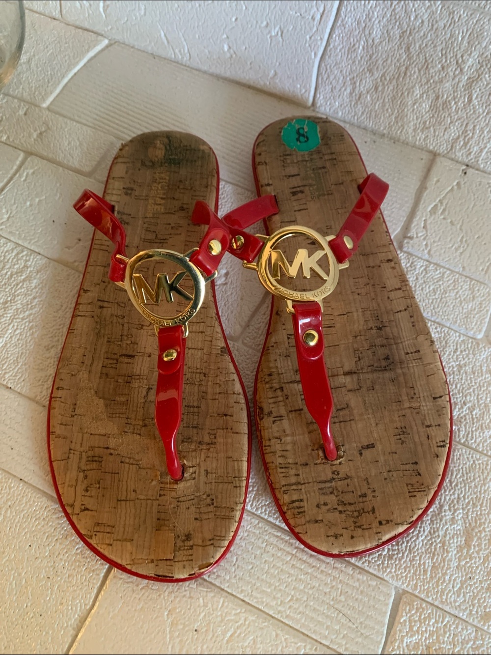 Michael Kors Red Patent Thong Sandals with Gold MK Medallions